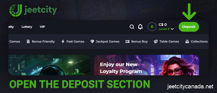 Click the deposit button at JeetCity Casino