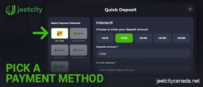 Decide on a deposit method at JeetCity casino