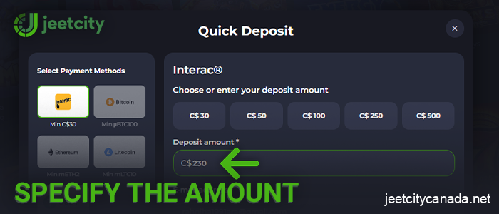 Enter the deposit amount for JeetCity casino