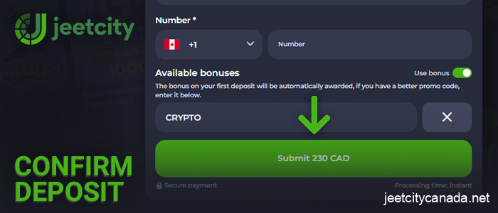 Confirm your deposit to your JeetCity casino account